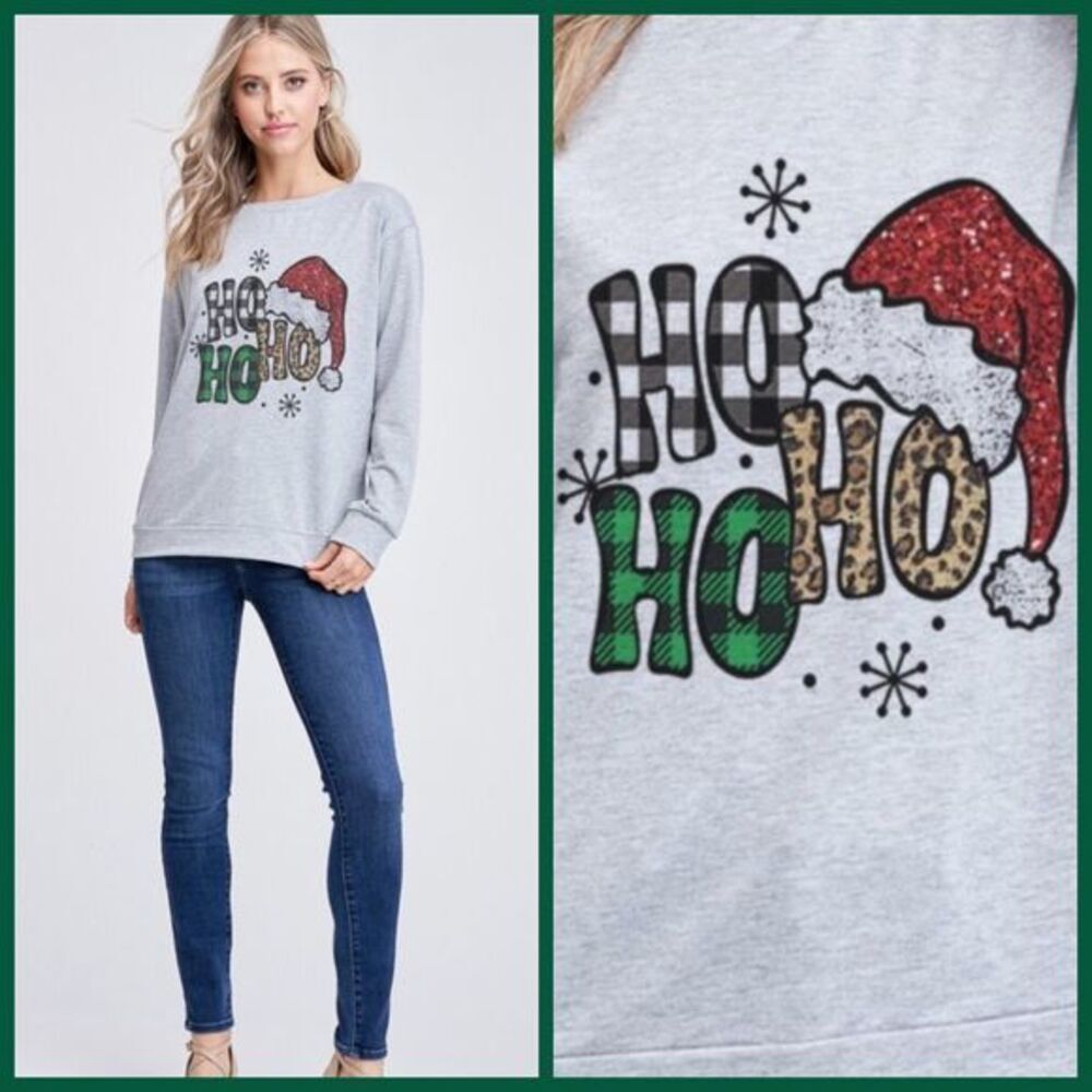 RESTOCK 🆕Just In-Christmas Ho Ho Ho Santa Hat Grey Print Top 🎅